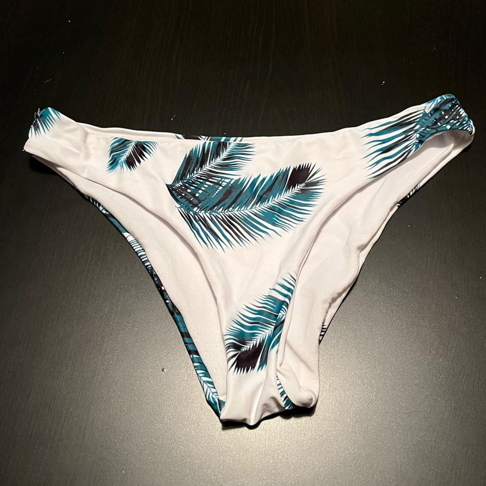White & Green Palm Leaf High Cut Bikini Bottom, Size Medium
